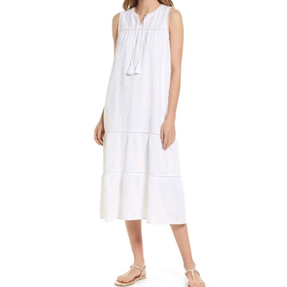 Tommy Bahama Eyelet Midi Dress Womens M White Tassel Tiered Cotton resort‎ boho